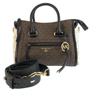 Michael Kors MK Signature Satchel, Brown, White, Black, 30S0GCCS1V, Handbag, ...